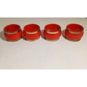 Vintage Cherry Red Gold Napkin Rings MCM Plastic Metal Set Of 4 Made Hong Kong